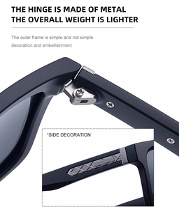Detail of metal hinge and silver side decoration on square polarized sunglasses