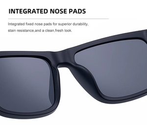 Detail of the integrated nose pads on black square polarized sunglasses for men