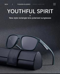 Polarized rectangular sunglasses with matte frame and leather case on textured background