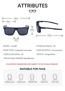 Size guide for polarized square sunglasses with frame dimensions and specifications