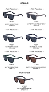 Detail view of seven color variations for LF-8501 polarized square sunglasses