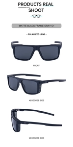 Three-angle views of matte black punk polarized square sunglasses with gray lenses