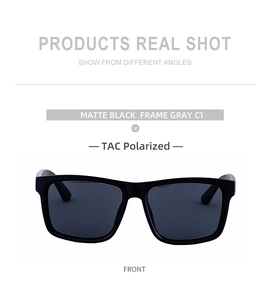 Detail of matte black square frames with gray TAC polarized lenses for sun protection
