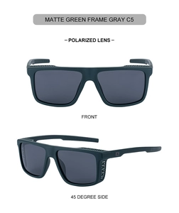 Front and 45-degree side views of matte green square polarized sports sunglasses