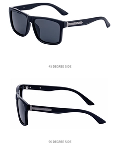 Close-up of polarized square sunglasses with silver textured metal decor on the temples