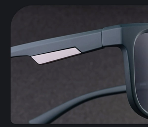 Macro detail of matte square sunglasses featuring a brushed silver metal temple decorative piece