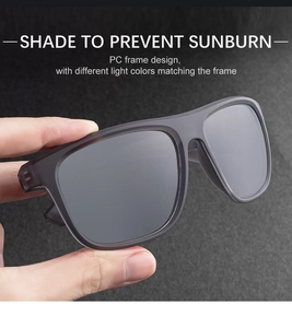 Close-up of polarized square sunglasses with matte black PC frame held by hand