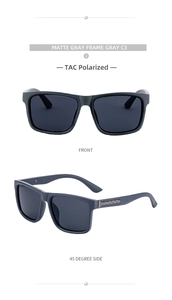Front and 45-degree side view of matte gray square polarized sunglasses for men
