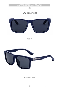 Detailed view of matte blue polarized sunglasses with grey TAC lenses and metal hinges
