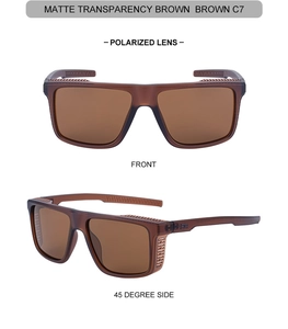 Detail view of matte transparent brown polarized sunglasses with side shields and H logo