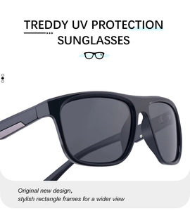 Detail showing square polarized sunglasses with UV protection and sleek black frames