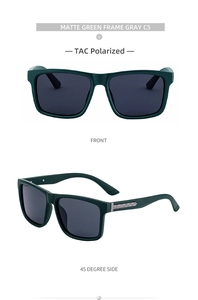 Detail view of matte green polarized sunglasses showing front and 45-degree side angles