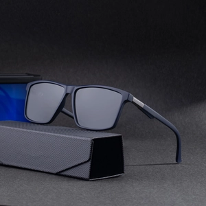 Lunettes de soleil polarisées carrées pour hommes bleu marine mat avec étui