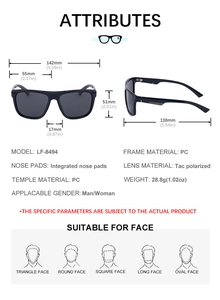 Detailed size chart for square polarized sunglasses with dimensions and face shape guide