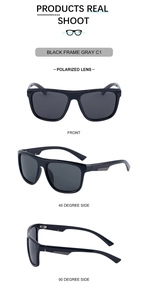 Detail view of square polarized sunglasses with black frame and silver side accents