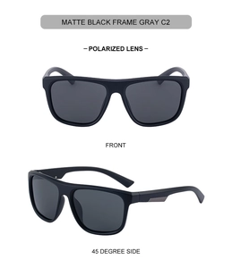 Close-up of matte black polarized sunglasses with silver metal trim on temple