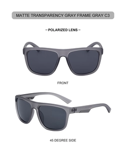 Front and 45-degree angle views of square polarized matte grey sunglasses for men