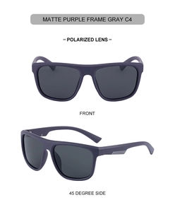 Detail view of matte purple square frame polarized sunglasses with grey lenses