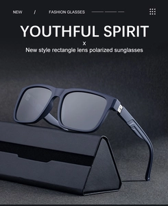 Detail of polarized rectangle sunglasses with silver metal hinge accents and folding case