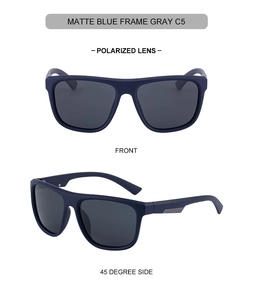 Detailed views of matte blue polarized square sunglasses with gray lenses from multiple angles