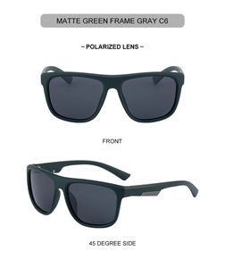 Close-up view showing front and side of matte green square polarized sunglasses