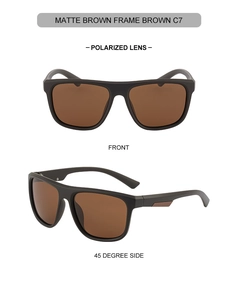 Polarized square sunglasses in matte brown frame shown from front and 45-degree angles
