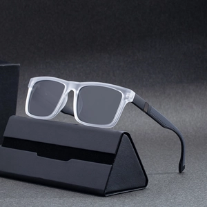 Square polarized sunglasses with matte gray frames and textured temples beside a case