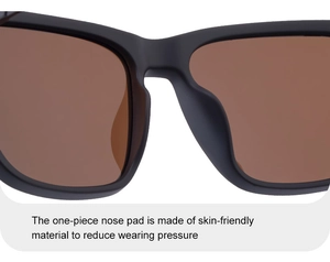Detailed close-up of integrated skin-friendly nose pads on square polarized sunglasses