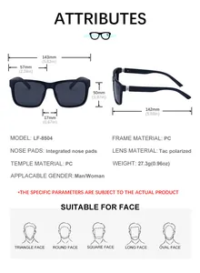 Detailed size chart for square polarized sunglasses with precise frame measurements