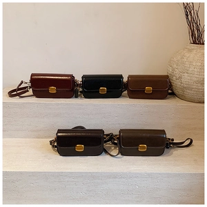 Close-up of stylish mini crossbody bags in five colors with vintage gold metal buckles