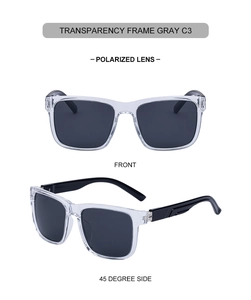 Detailed front and side view of square transparent frame polarized sunglasses for men