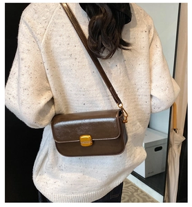 Detail of vintage brown shoulder bag with shiny oil wax finish and gold metal buckle