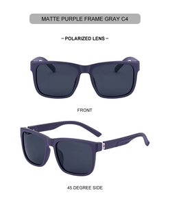 Detail view of matte purple square polarized sunglasses with gray lenses from two angles