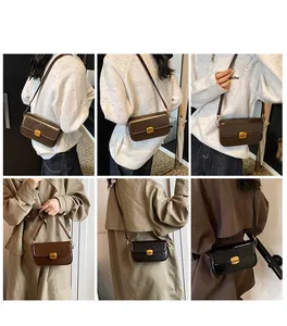 Collage of model wearing vintage brown and black crossbody bags with gold buckles
