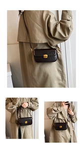 Three-way view of a dark brown vintage rectangular crossbody bag with gold metal buckle
