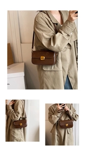 Three-way view of a vintage brown leather crossbody bag with gold rectangular buckle