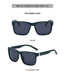 Polarized square sunglasses featuring matte green frames and grey lenses in a 45-degree view