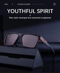 Detail of square polarized sunglasses with textured bronze metal hinge on matte black frame