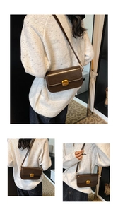 Detailed views of dark brown glossy leather crossbody bag with gold metal buckle