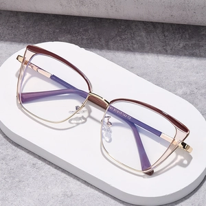 Fashionable cat-eye glasses frames in transparent pink and gold metal on a stone base