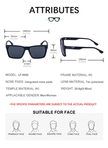 Detailed technical diagram of square polarized sunglasses with precise size measurements