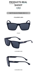 Three-way view of matte black polarized sunglasses with triangular metal temple accents