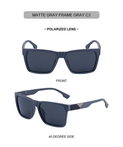 Detail of matte gray square polarized sunglasses showing frame texture and side profile