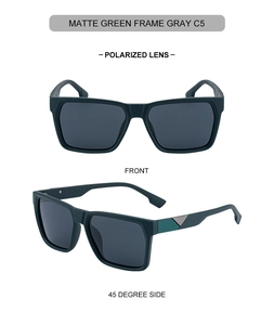 Front and 45-degree side views of matte green square polarized sunglasses for men