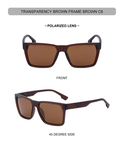 Detail view of square polarized sunglasses in transparent brown frame and lenses