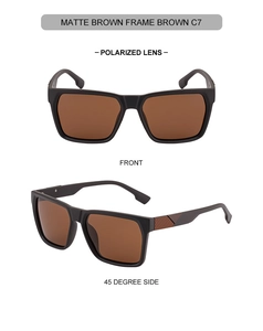 Detail view of square matte brown sunglasses with polarized lenses and textured temples