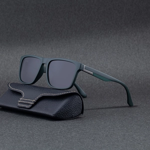 Polarized square sunglasses for men with dark green frames and luxury leather case