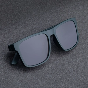 Men's square polarized sunglasses with matte dark grey frame on felt background