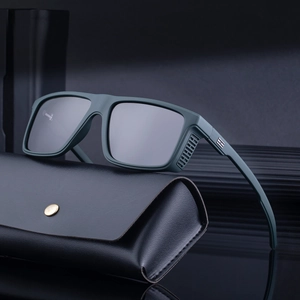 Square matte dark green polarized sunglasses with grey lenses and leather case