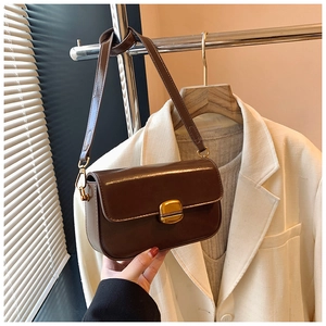 Détail d'un petit sac carré marron foncé avec fermoir en métal doré et cuir brillant